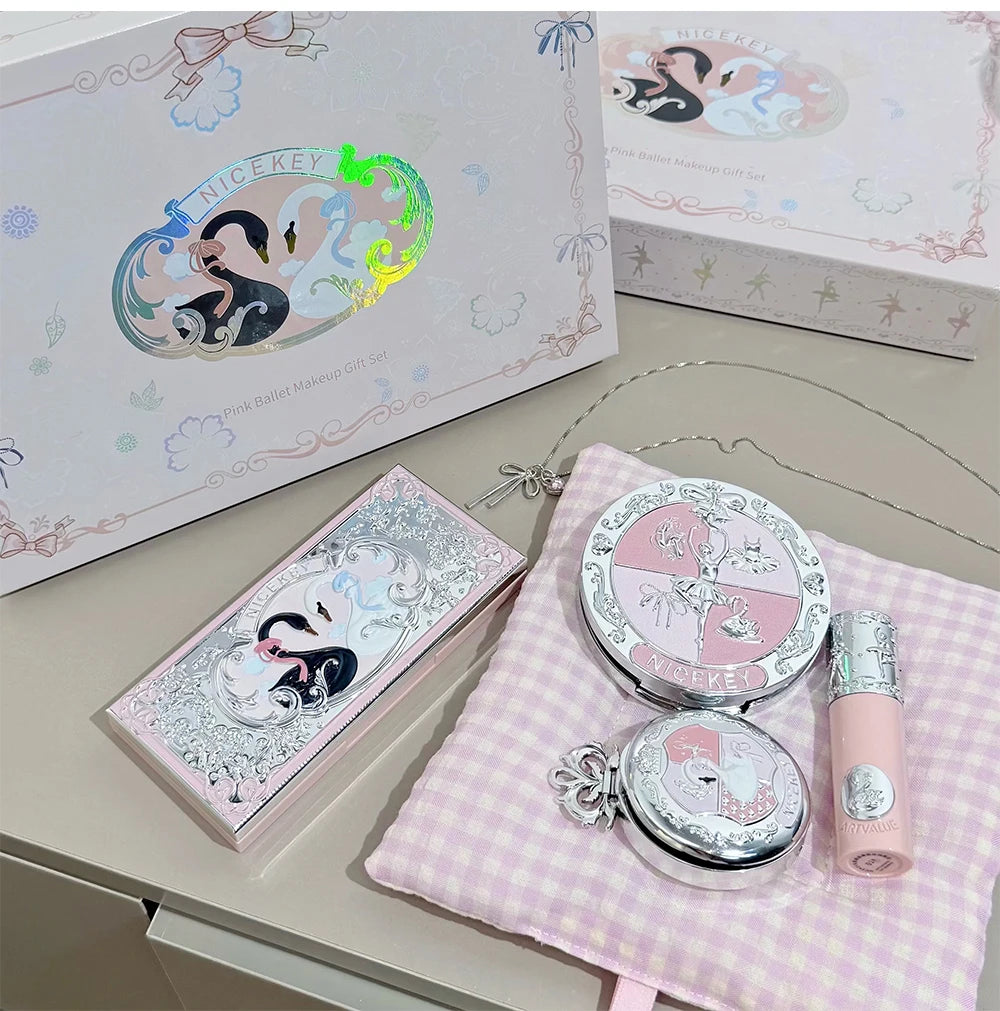NICEKEY Pink Ballet Makeup Box Include 1*Lip mud,1*Pressed Powder,1*Highlight Powder,1*Eyeshadow Palette Powder With Necklace