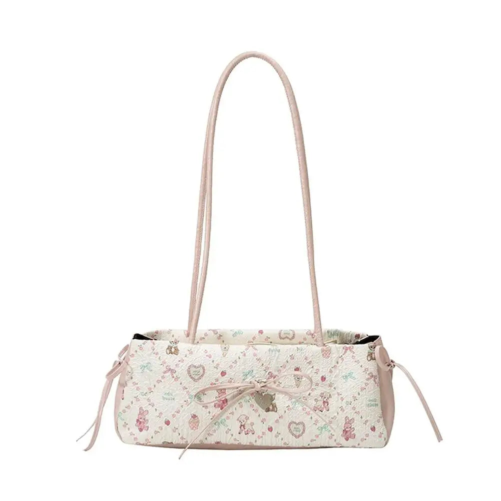 Cartoon Print Shoulder Bag for Women - Sweet Bow Underarm Bag, Pleated Versatile Tote, Casual Practical Commuter Handbag
