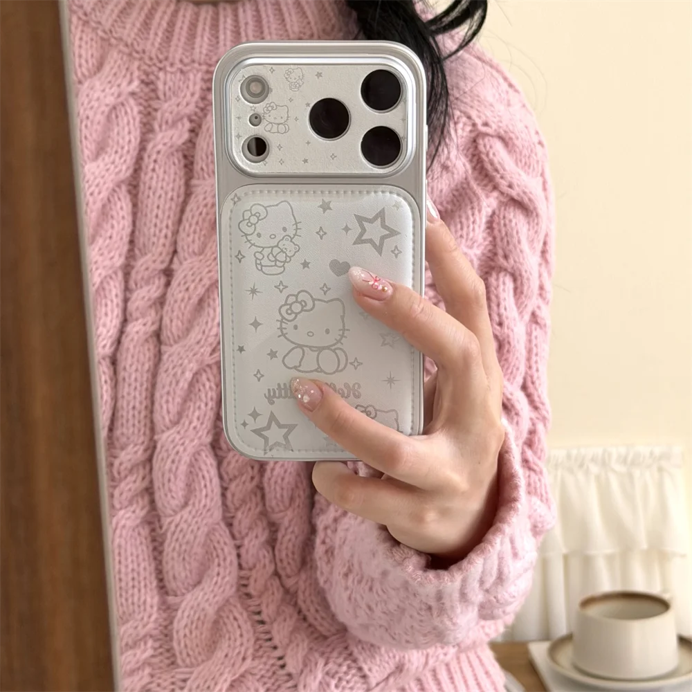 Korean INS Simple Line Star Hellokitty Leather Phone case for iPhone 17 Pro 14 15 16 Pro Max Fundas Cute Cartoon Protective cove