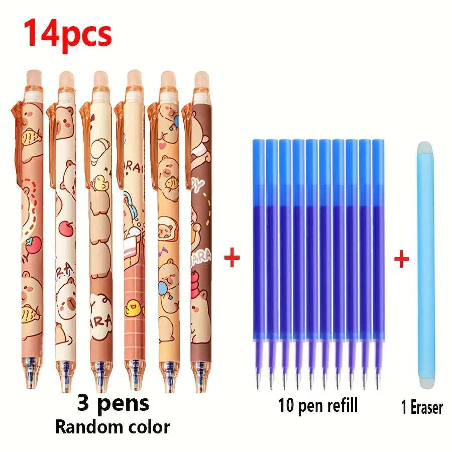 14pcs Set Cute Capybara Erasable Gel Pens 0.5mm Retractable Blue Ink Suitable for School and Office Smooth Writing