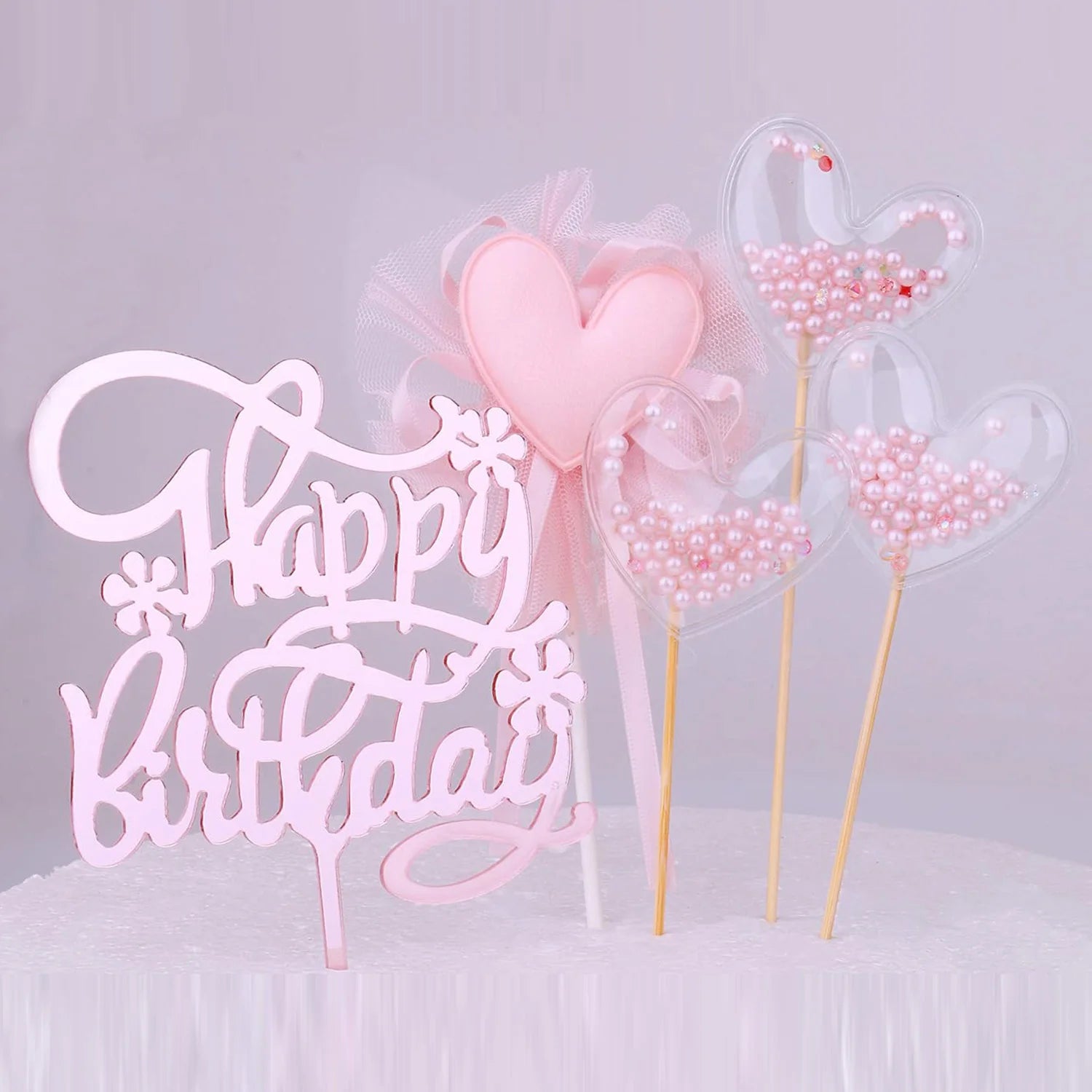 PinkHeart Happy Birthday Cake Topper  Birthday Cake Topper Lovely Heart Cupcake Toppers Picks Pink Cake Decorations for Birthday