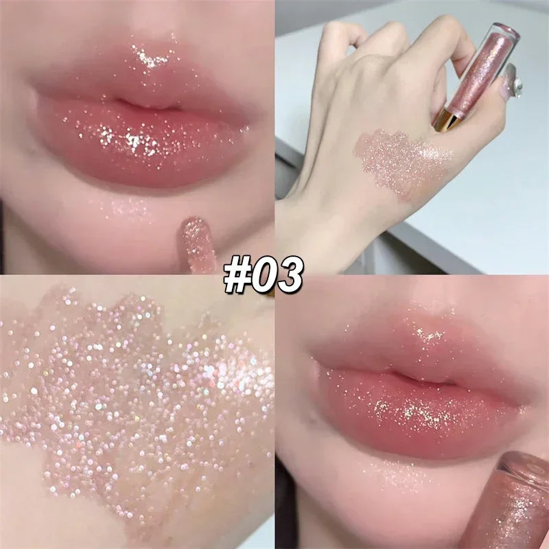 Pearl Diamond Glitter Lip Gloss Lasting Moisturizing Fine Shimmer Liquid Lipstick Mirror Water-glossy Sparkling Lip Tint Makeup