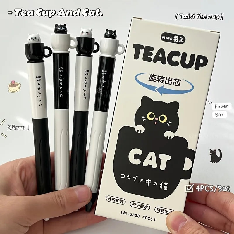 4pcs Cute Cat Pens 0.5mm Quick-Dry Black Cup Writing Pens Perfect for Office School Supplies School Stationery Playful Design