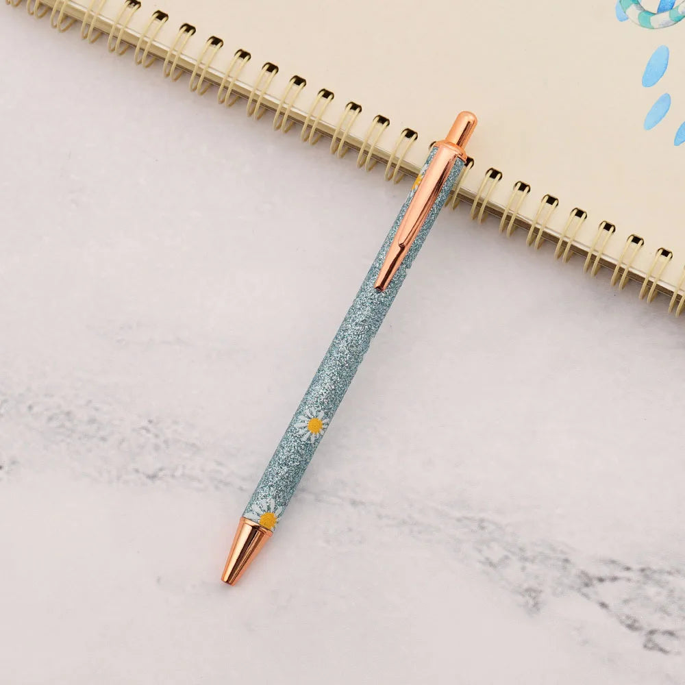 Lytwtw's Cute Daisy Press Ballpoint Pen Luxury Kawaii Metal Stationery School Office Supplies 5 Pieces