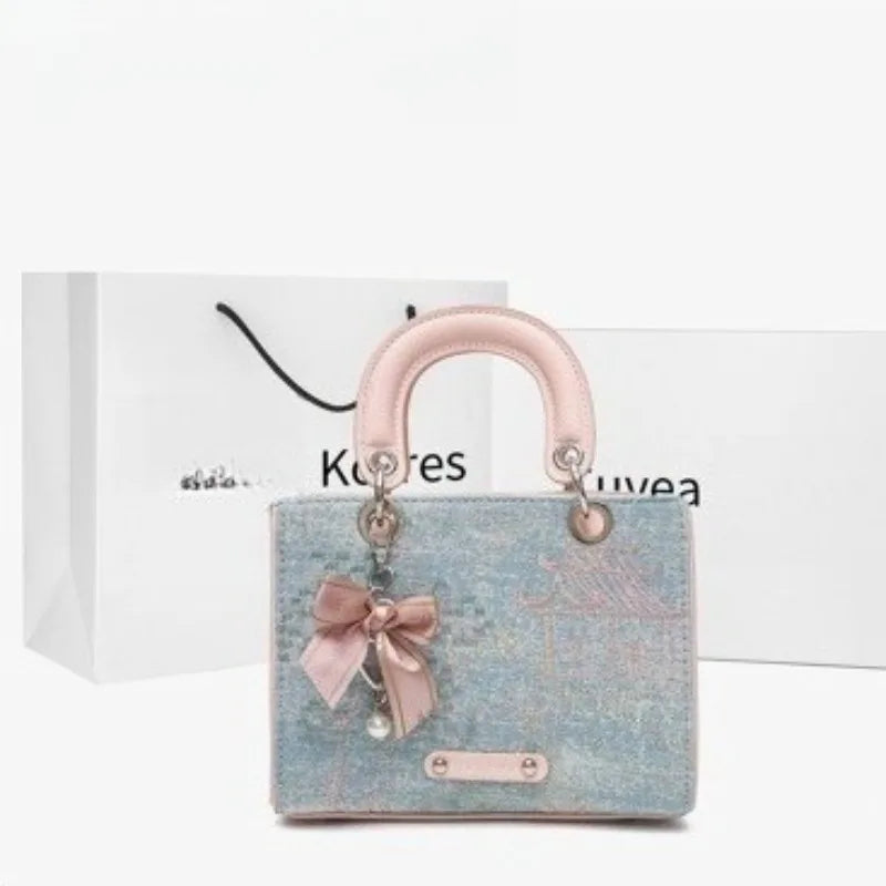 New Trendy Textured Denim Tassel Square Bag Women's Fashion Handbag Lady Clutch Purse Female Shoulder Messenger Bag