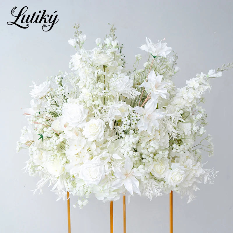 White Pink Floor Flower Row Decor Wedding Backdrop Table Centerpiece Floral Ball Baby's Breath Rose Stage Aisle Floor Flower