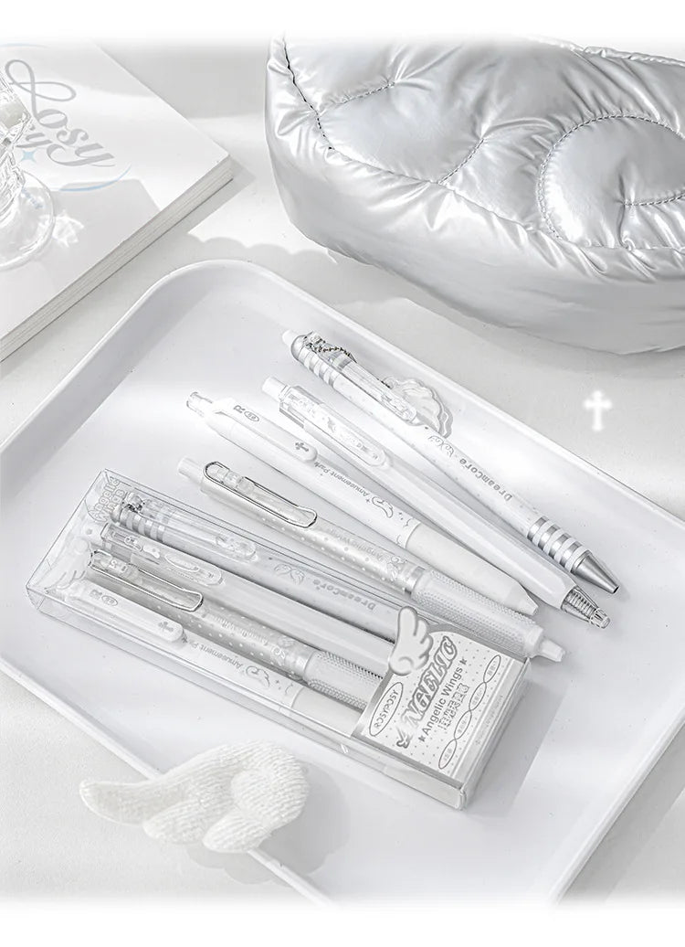 4pcs/set Pearl Angel Gel Pen Set Cute Exam Pens with Wing Design Kawaii Cartoon 0.5mm Black Ink for Kids Back To School Student