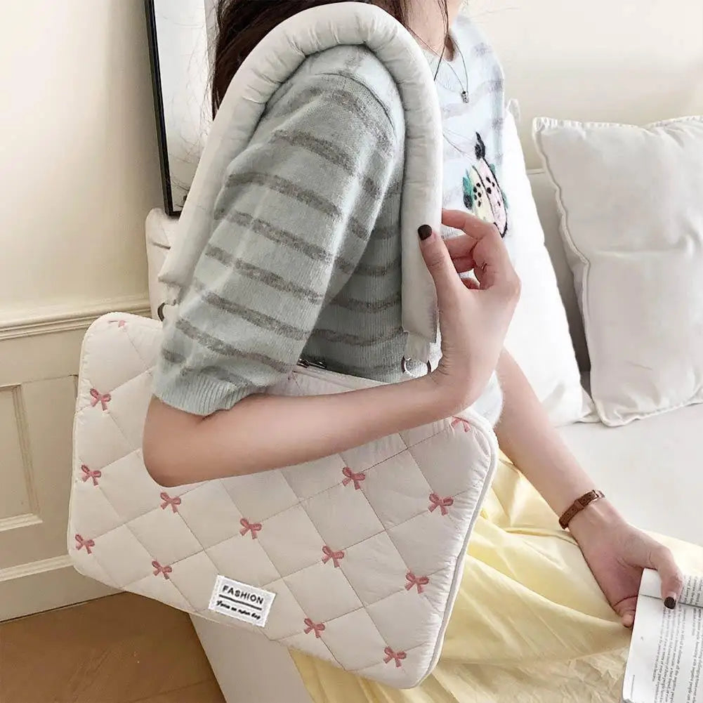 Cute Bow Embroidered Laptop Sleeve Bag For 11-15 Inch Portable Shoulder Handbag Fashion Notebook Case For Women