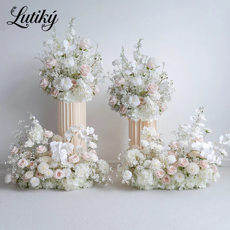 White Pink Floor Flower Row Decor Wedding Backdrop Table Centerpiece Floral Ball Baby's Breath Rose Stage Aisle Floor Flower