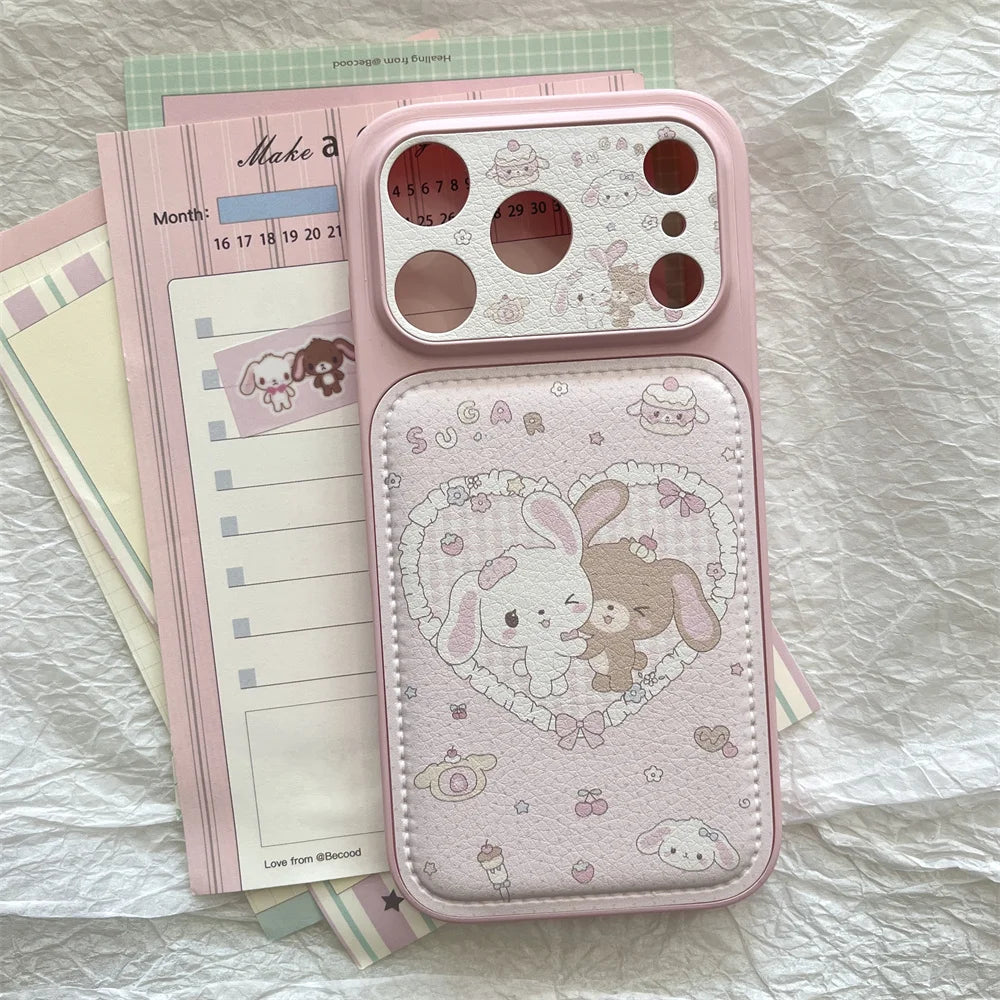 Cute Cherry Dessert Rabbit Leather Phone Case for iPhone 16 Pro 17 Pro Max 13 14 15 Funda with hinged Kawaii Shockproof Cover