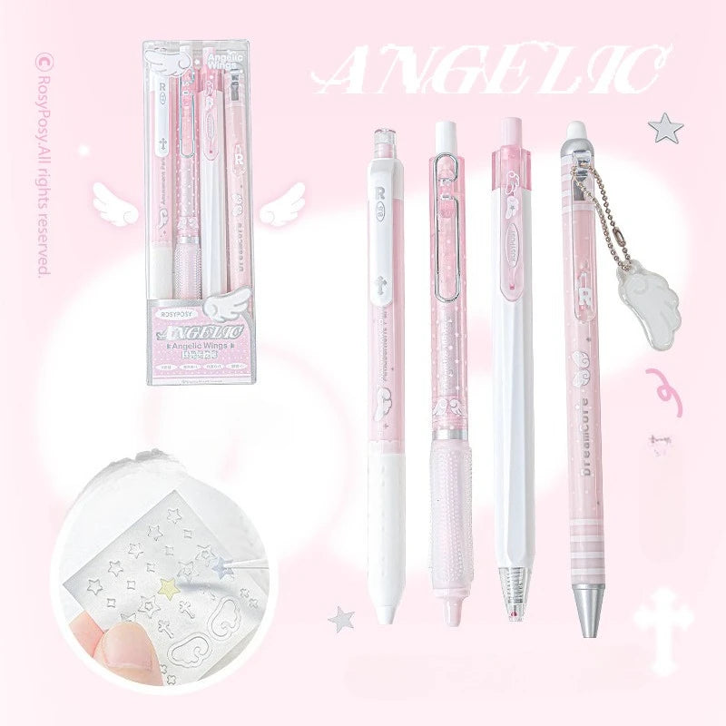 4pcs/set Pearl Angel Gel Pen Set Cute Exam Pens with Wing Design Kawaii Cartoon 0.5mm Black Ink for Kids Back To School Student
