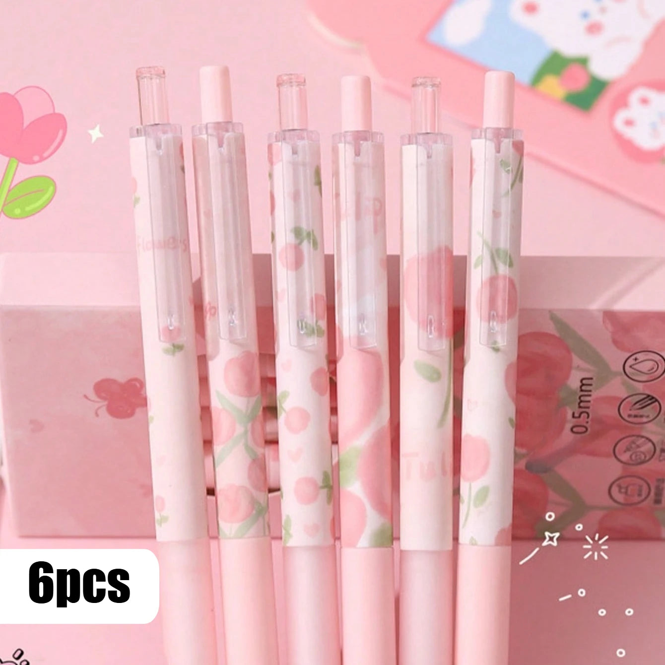 6pcs Cute Floral Gel Pens, 0.5mm Fine Point Black Ink – Smooth Writing Retractable Pens, Pink Tulip Design