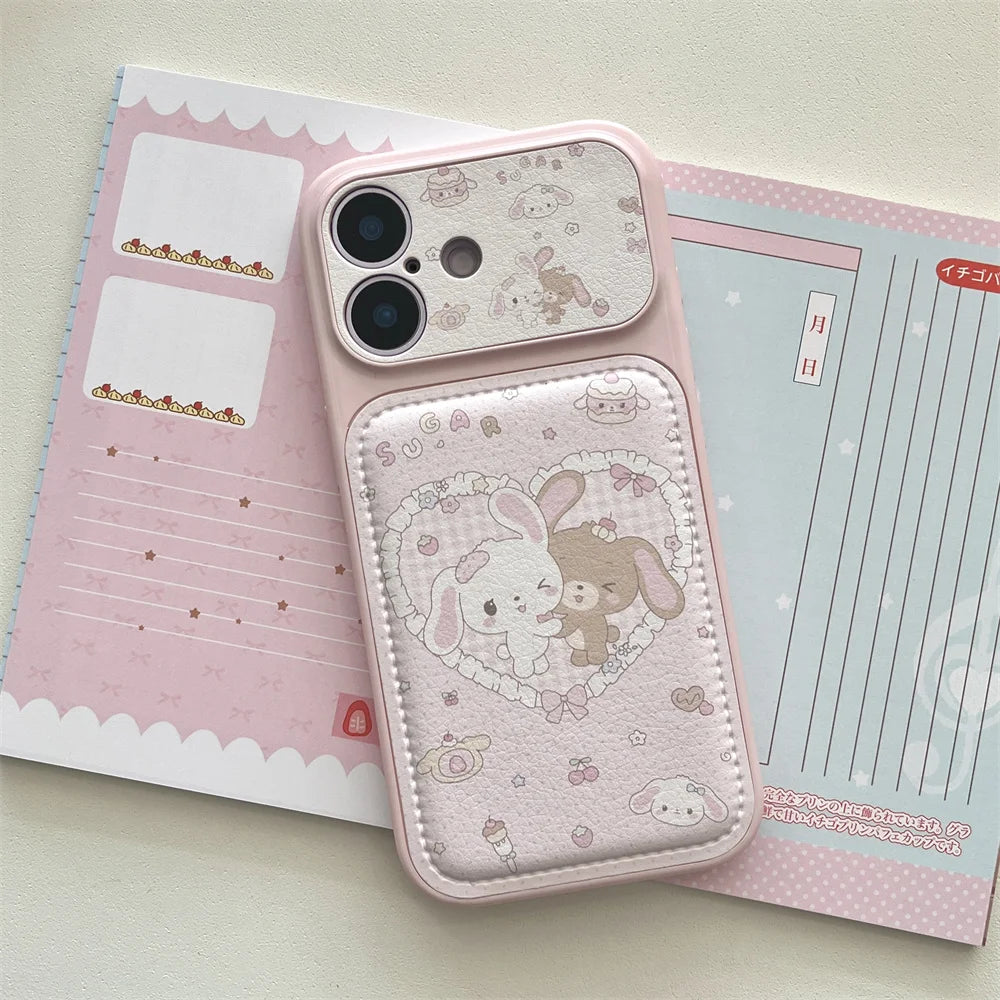 Cute Cherry Dessert Rabbit Leather Phone Case for iPhone 16 Pro 17 Pro Max 13 14 15 Funda with hinged Kawaii Shockproof Cover