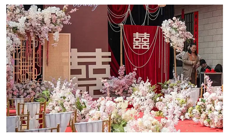 Artificial Hang Floral Arrangement Wedding Backdrop Arch Decor Pink White Rose Aisle Floor Flower Row Table Centerpieces Flower
