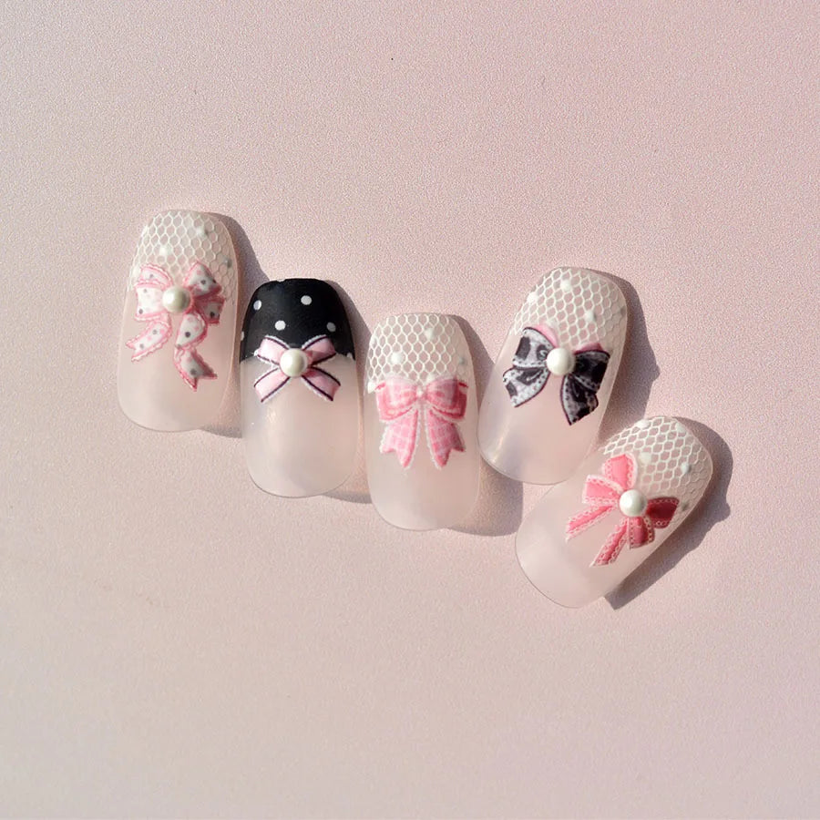 Pink Bow Nail Stickers 3D Rhinestone Nail Self-adhesive Manicure Stickers High Quality Decals Nail Art Decoration DIY Accessory