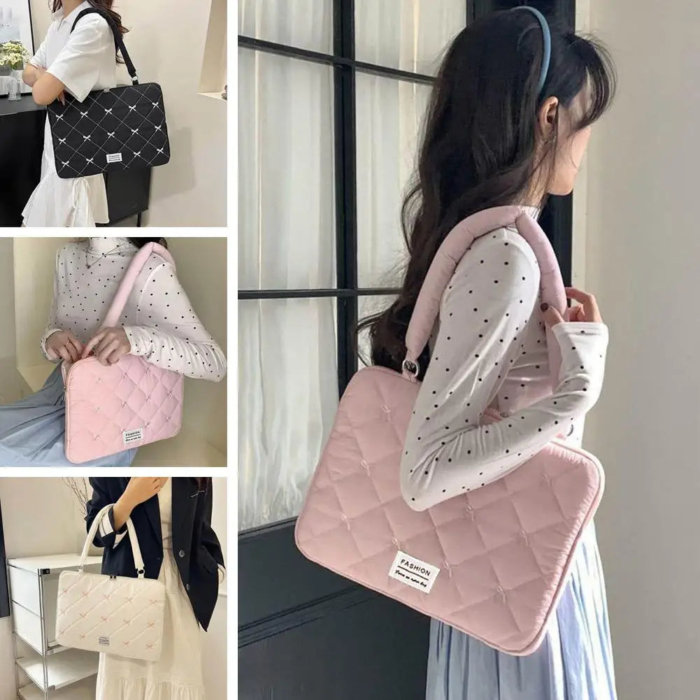 Cute Bow Embroidered Laptop Sleeve Bag For 11-15 Inch Portable Shoulder Handbag Fashion Notebook Case For Women