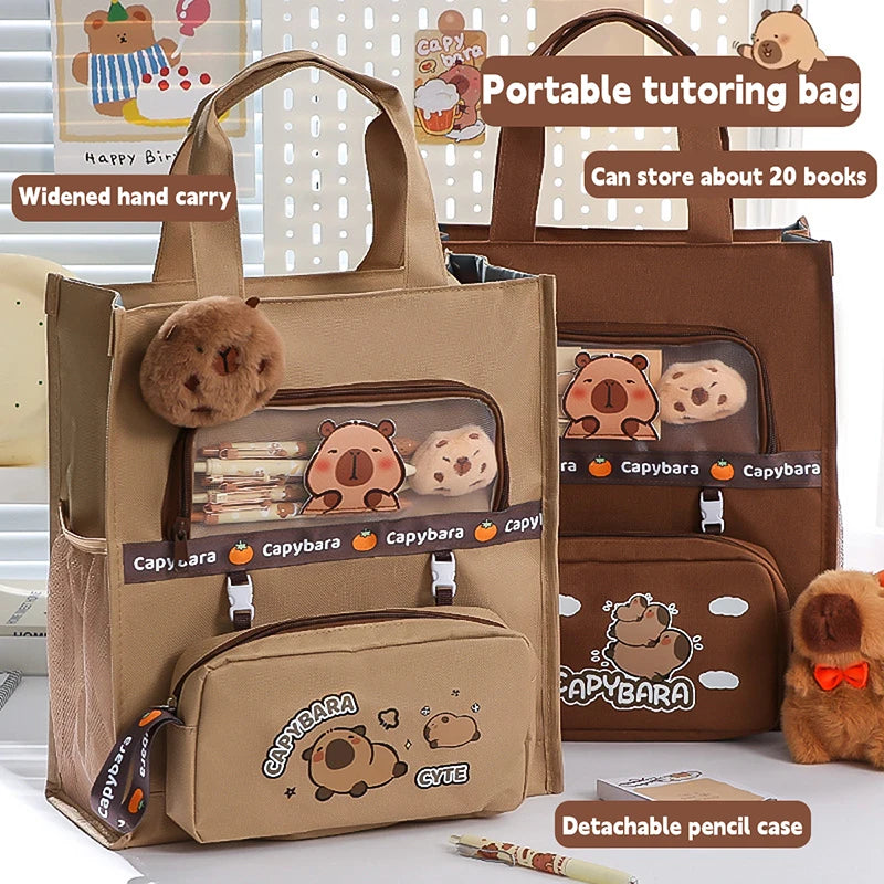 Kawaii Capybara Tutoring Bag, Primary School Student Canvas Storage File Bag, Cartoon Printing Large Capacity Tutoring Bag