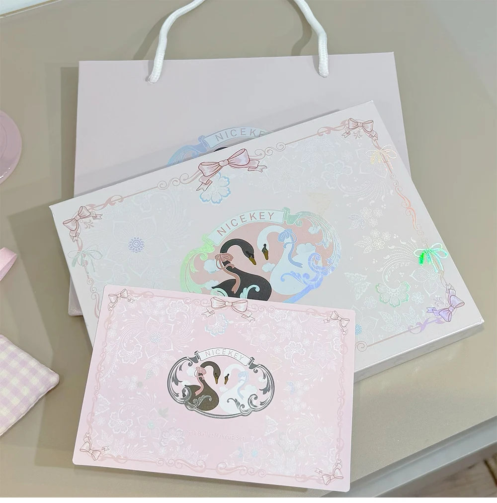 NICEKEY Pink Ballet Makeup Box Include 1*Lip mud,1*Pressed Powder,1*Highlight Powder,1*Eyeshadow Palette Powder With Necklace