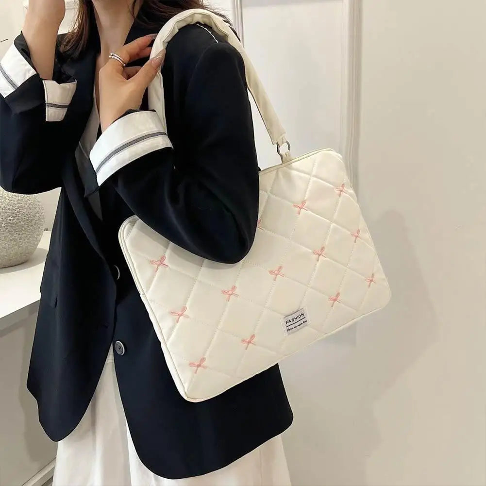 Cute Bow Embroidered Laptop Sleeve Bag For 11-15 Inch Portable Shoulder Handbag Fashion Notebook Case For Women