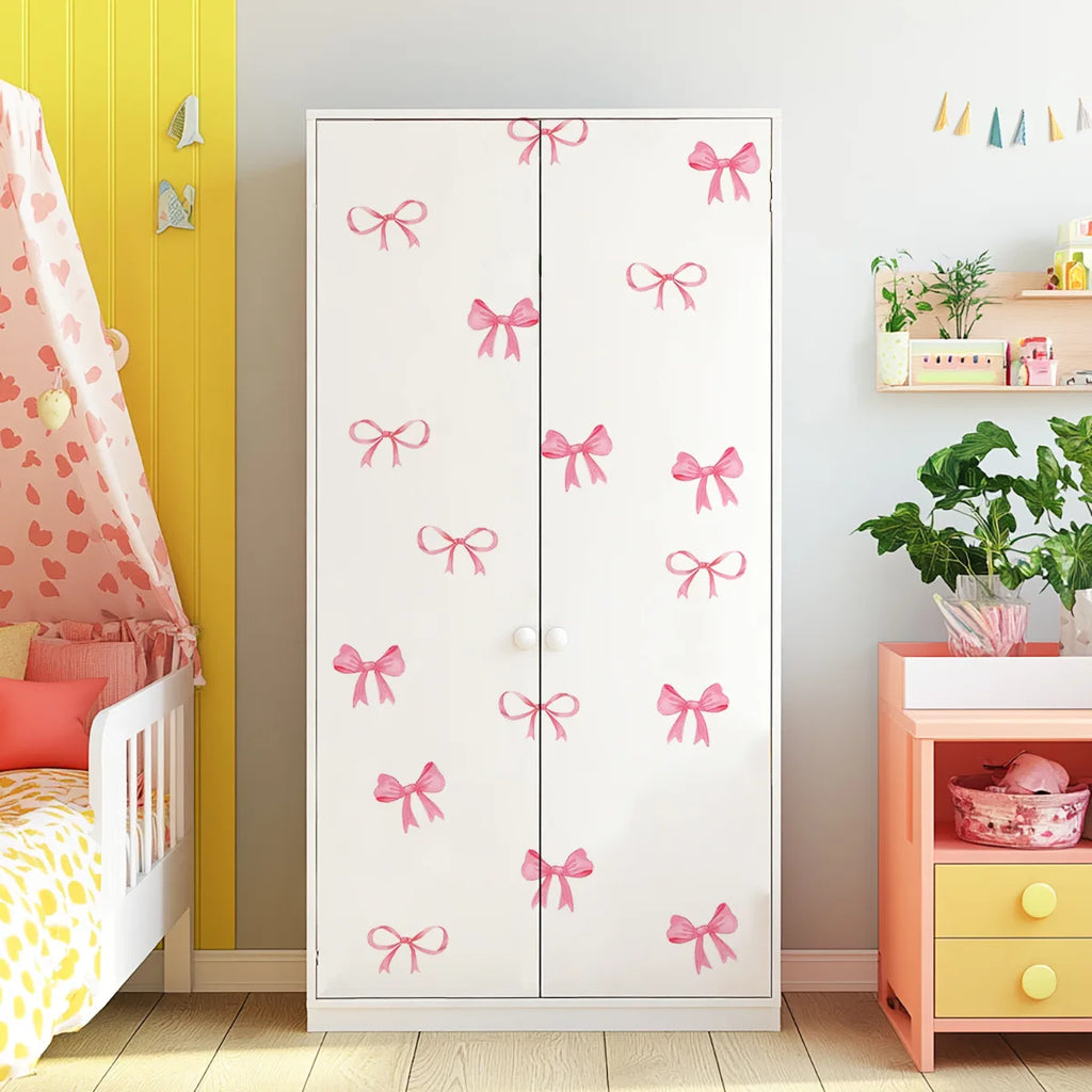 Creative Pink Bow Wall Sticker for Wardrobe Girl's Heart Bedroom Wall Sticker Love Image