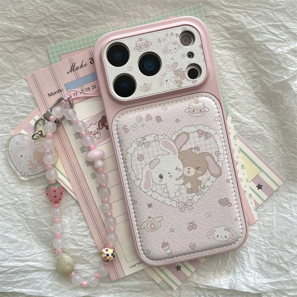 Cute Cherry Dessert Rabbit Leather Phone Case for iPhone 16 Pro 17 Pro Max 13 14 15 Funda with hinged Kawaii Shockproof Cover