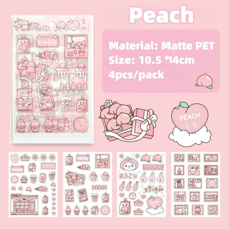 4Pcs Pink Cartoon Transparent Waterproof Material Stickers For Hand Account Pencil Case Decals