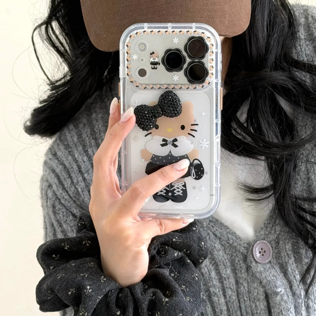 INS Korea 3D Glitter Bow Black Skin Hello Kitty Phone Case For iphone 17 16 15 14 13 Pro Max 17 Pro Lens Protection Cover