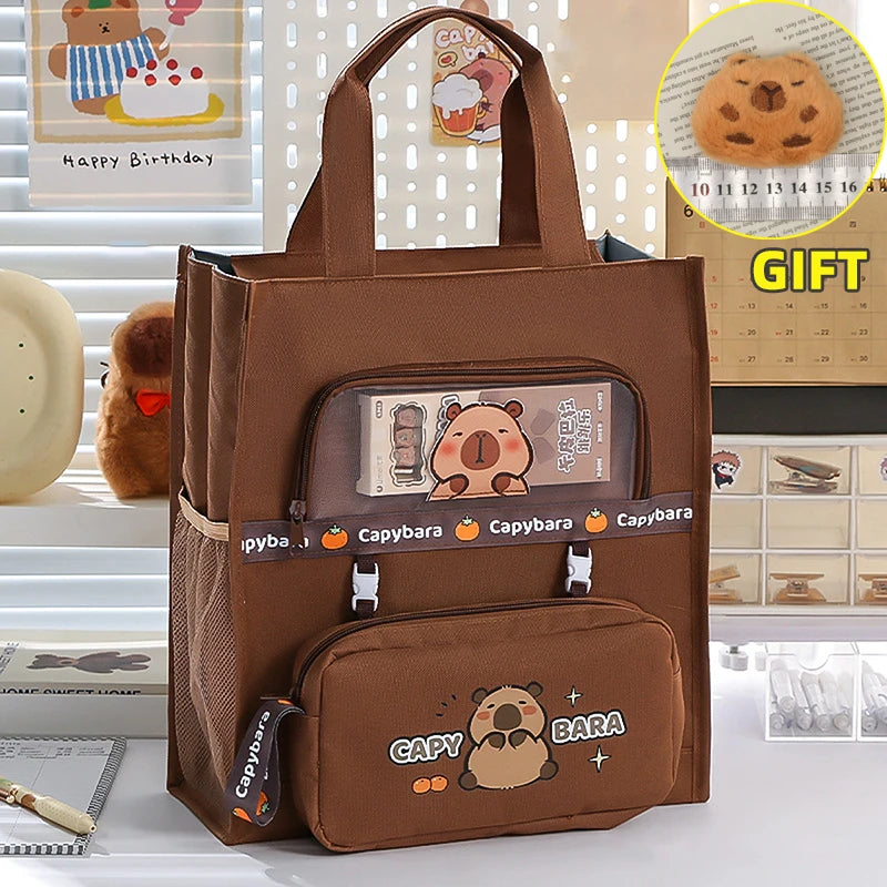 Kawaii Capybara Tutoring Bag, Primary School Student Canvas Storage File Bag, Cartoon Printing Large Capacity Tutoring Bag