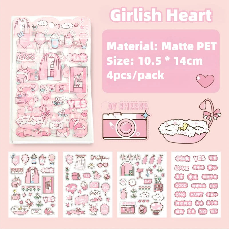 4Pcs Pink Cartoon Transparent Waterproof Material Stickers For Hand Account Pencil Case Decals