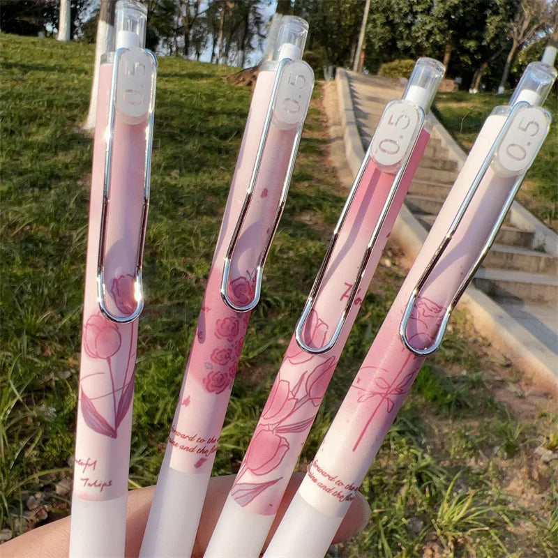 4pcs/box Aesthetic European Floral Gel Pen for Kids Girl 0.5mm Black Ink Study Staionery Writing Pen School Student Supplies