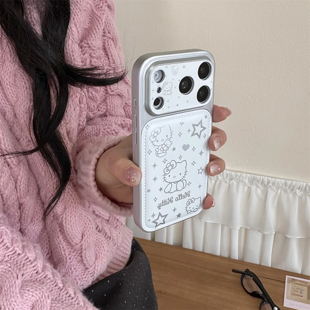 Korean INS Simple Line Star Hellokitty Leather Phone case for iPhone 17 Pro 14 15 16 Pro Max Fundas Cute Cartoon Protective cove