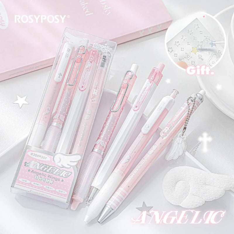 4pcs/set Pearl Angel Gel Pen Set Cute Exam Pens with Wing Design Kawaii Cartoon 0.5mm Black Ink for Kids Back To School Student