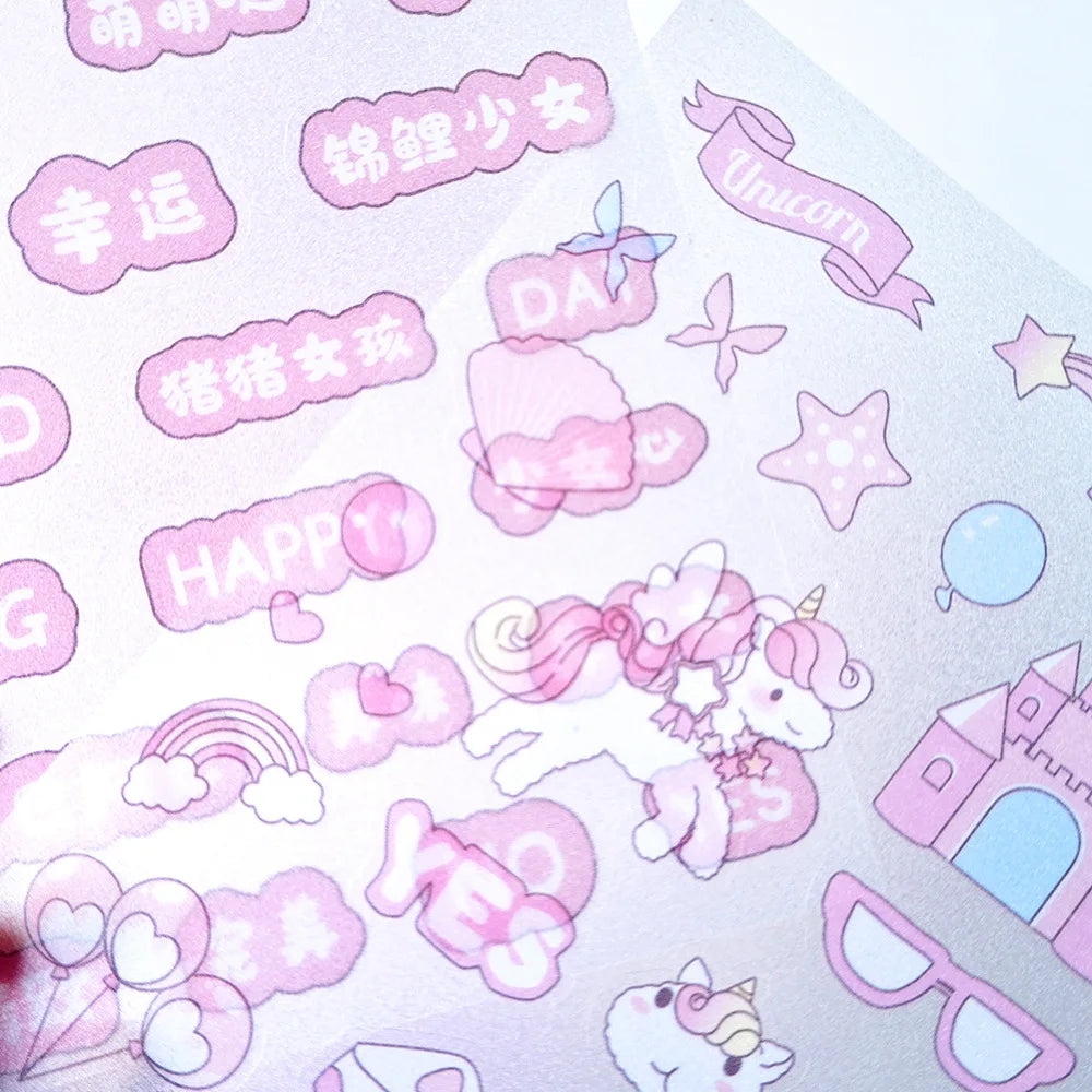 4Pcs Pink Cartoon Transparent Waterproof Material Stickers For Hand Account Pencil Case Decals