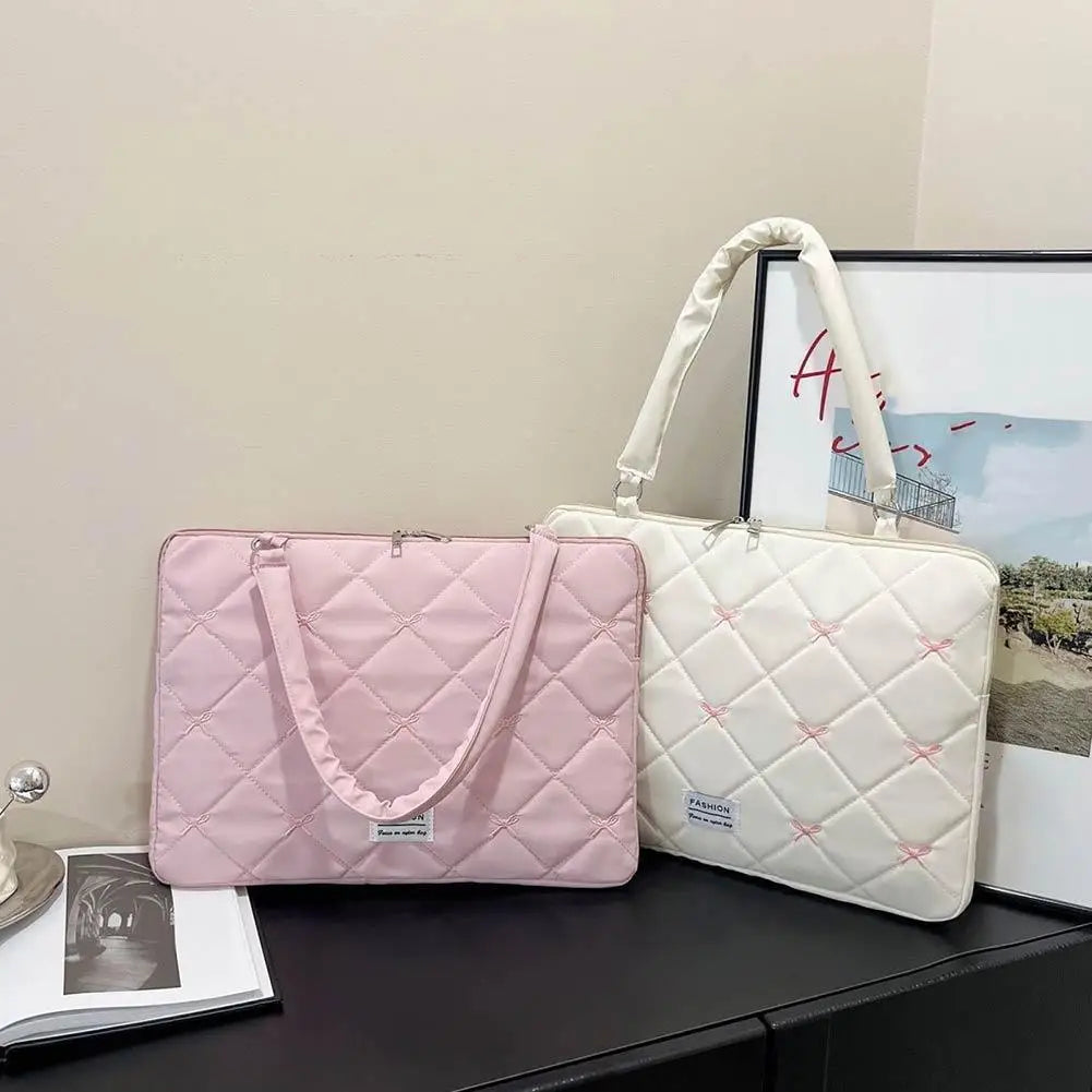 Cute Bow Embroidered Laptop Sleeve Bag For 11-15 Inch Portable Shoulder Handbag Fashion Notebook Case For Women