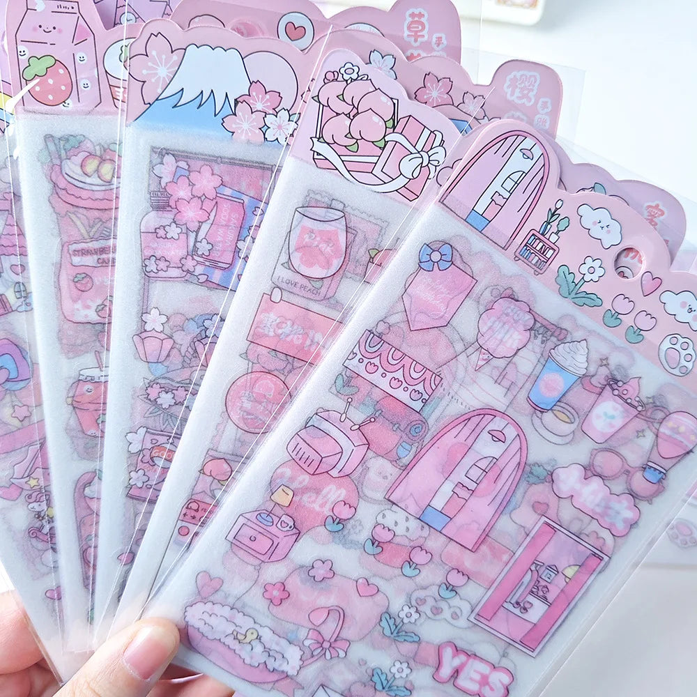 4Pcs Pink Cartoon Transparent Waterproof Material Stickers For Hand Account Pencil Case Decals