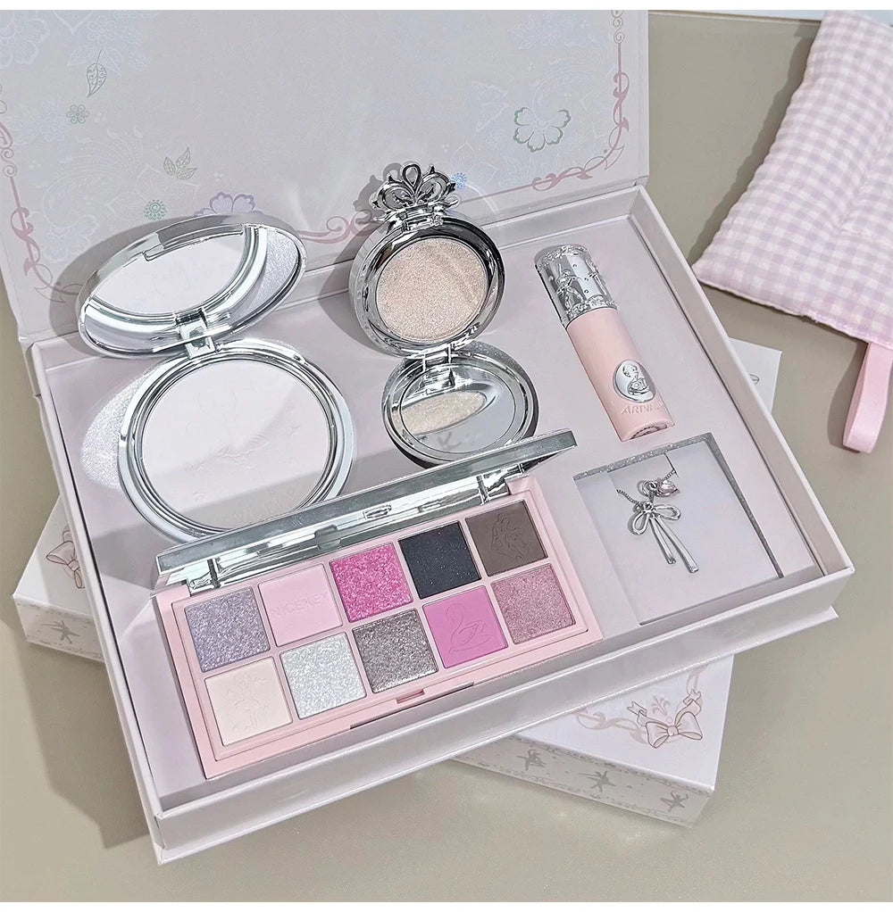 NICEKEY Pink Ballet Makeup Box Include 1*Lip mud,1*Pressed Powder,1*Highlight Powder,1*Eyeshadow Palette Powder With Necklace