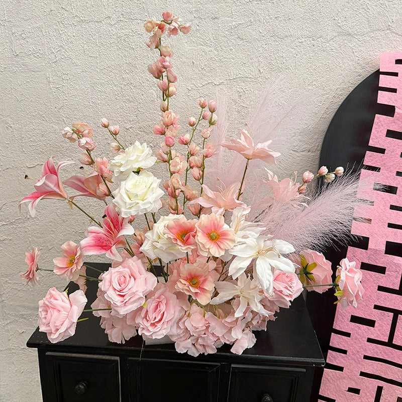 Artificial Hang Floral Arrangement Wedding Backdrop Arch Decor Pink White Rose Aisle Floor Flower Row Table Centerpieces Flower