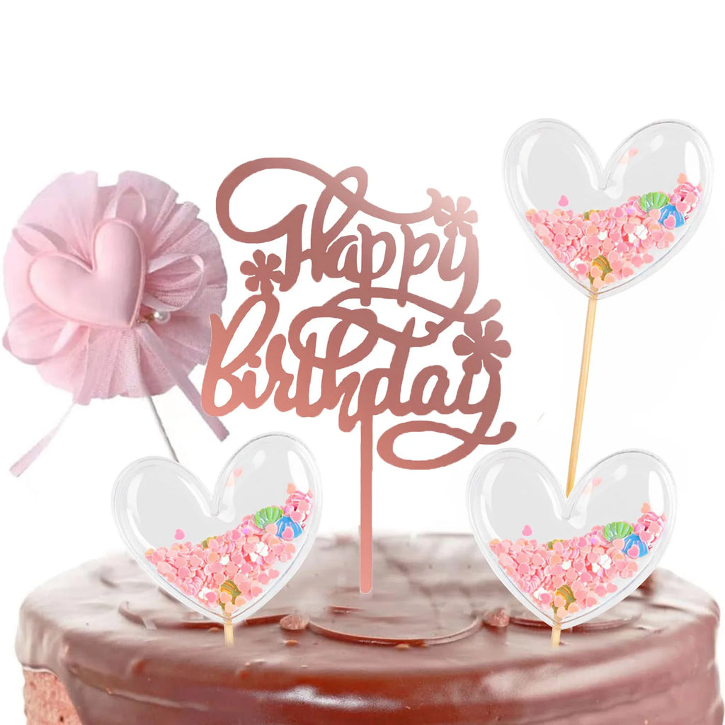 PinkHeart Happy Birthday Cake Topper  Birthday Cake Topper Lovely Heart Cupcake Toppers Picks Pink Cake Decorations for Birthday
