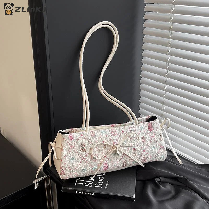 ▶1Pcs Sweet Bow Shoulder Bag Cartoon Print Underarm Bag Female Tote Bag Large Capacity Commuter Handbag Holiday Gift