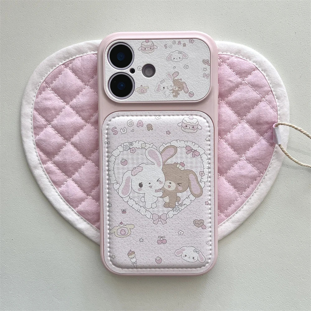 Cute Cherry Dessert Rabbit Leather Phone Case for iPhone 16 Pro 17 Pro Max 13 14 15 Funda with hinged Kawaii Shockproof Cover