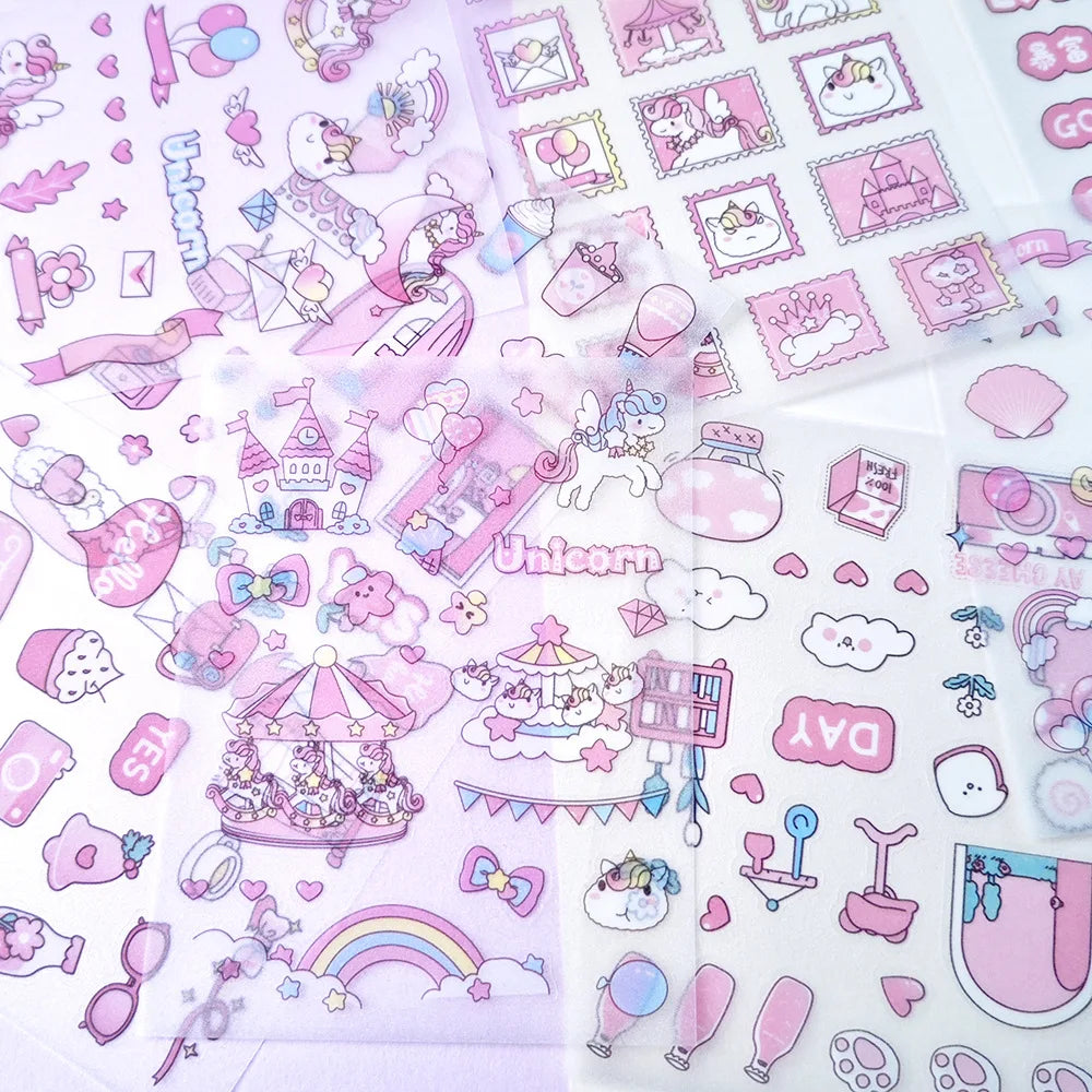 4Pcs Pink Cartoon Transparent Waterproof Material Stickers For Hand Account Pencil Case Decals