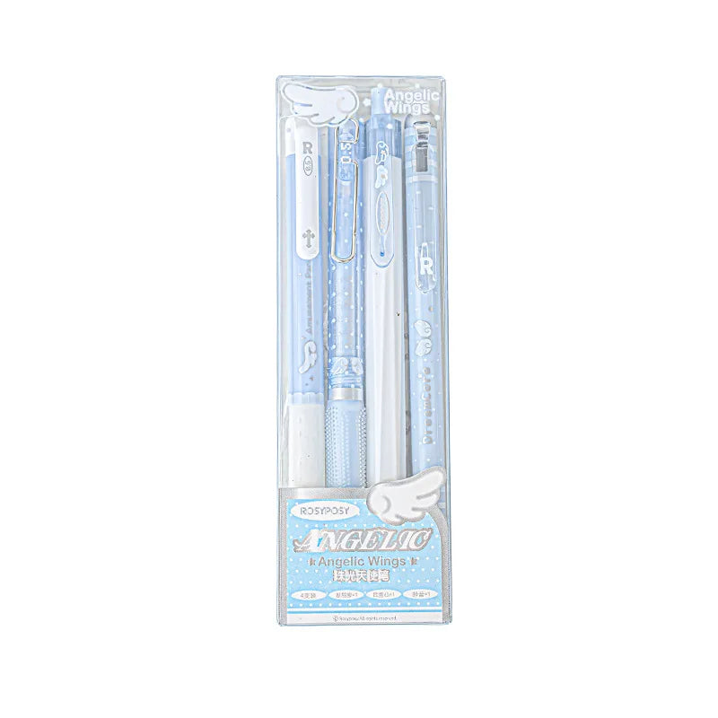 4pcs/set Pearl Angel Gel Pen Set Cute Exam Pens with Wing Design Kawaii Cartoon 0.5mm Black Ink for Kids Back To School Student