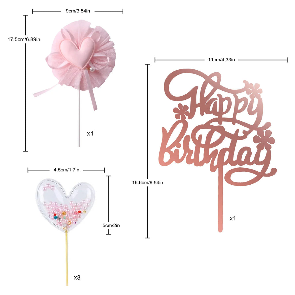 PinkHeart Happy Birthday Cake Topper  Birthday Cake Topper Lovely Heart Cupcake Toppers Picks Pink Cake Decorations for Birthday