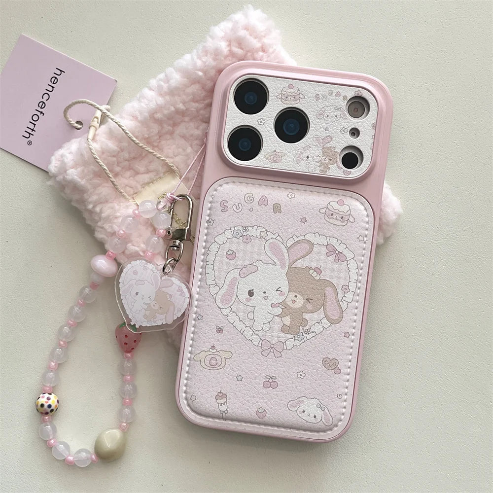 Cute Cherry Dessert Rabbit Leather Phone Case for iPhone 16 Pro 17 Pro Max 13 14 15 Funda with hinged Kawaii Shockproof Cover