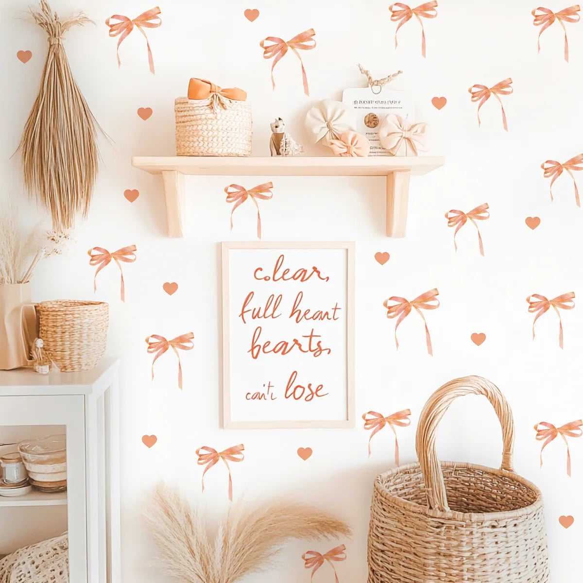 Creative Pink Bow Wall Sticker for Wardrobe Girl's Heart Bedroom Wall Sticker Love Image