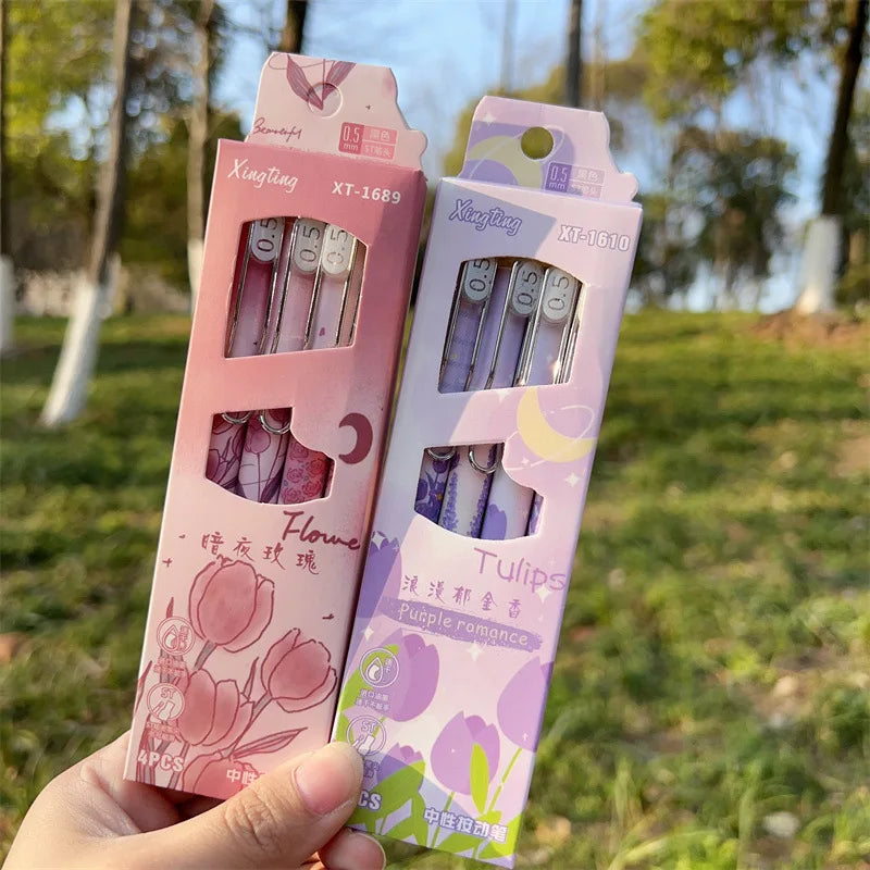 4pcs/box Aesthetic European Floral Gel Pen for Kids Girl 0.5mm Black Ink Study Staionery Writing Pen School Student Supplies