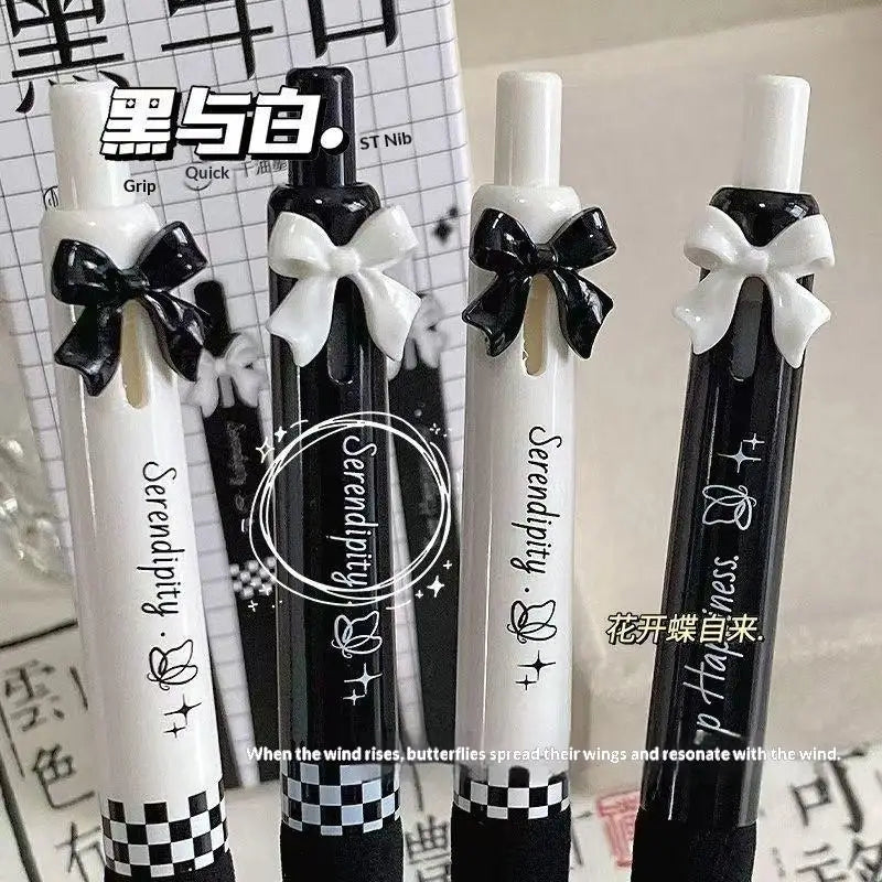 New 4 Pcs Black And White Bow Press Pen Soft Grip Super High Value 0.5mm Brush Question Quick Drying Press Cartoon Neutral Pen