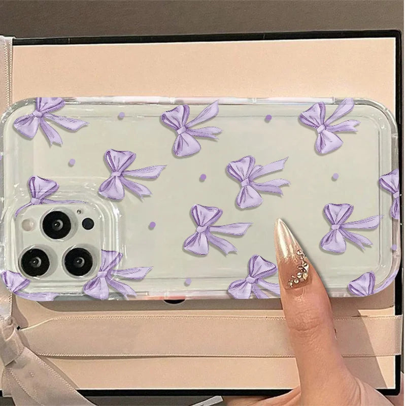 Purple bow pattern transparent phone case suitable for iPhone 17 16 15 14 13 12 11 Pro/Max/Plus anti drop and shockproof