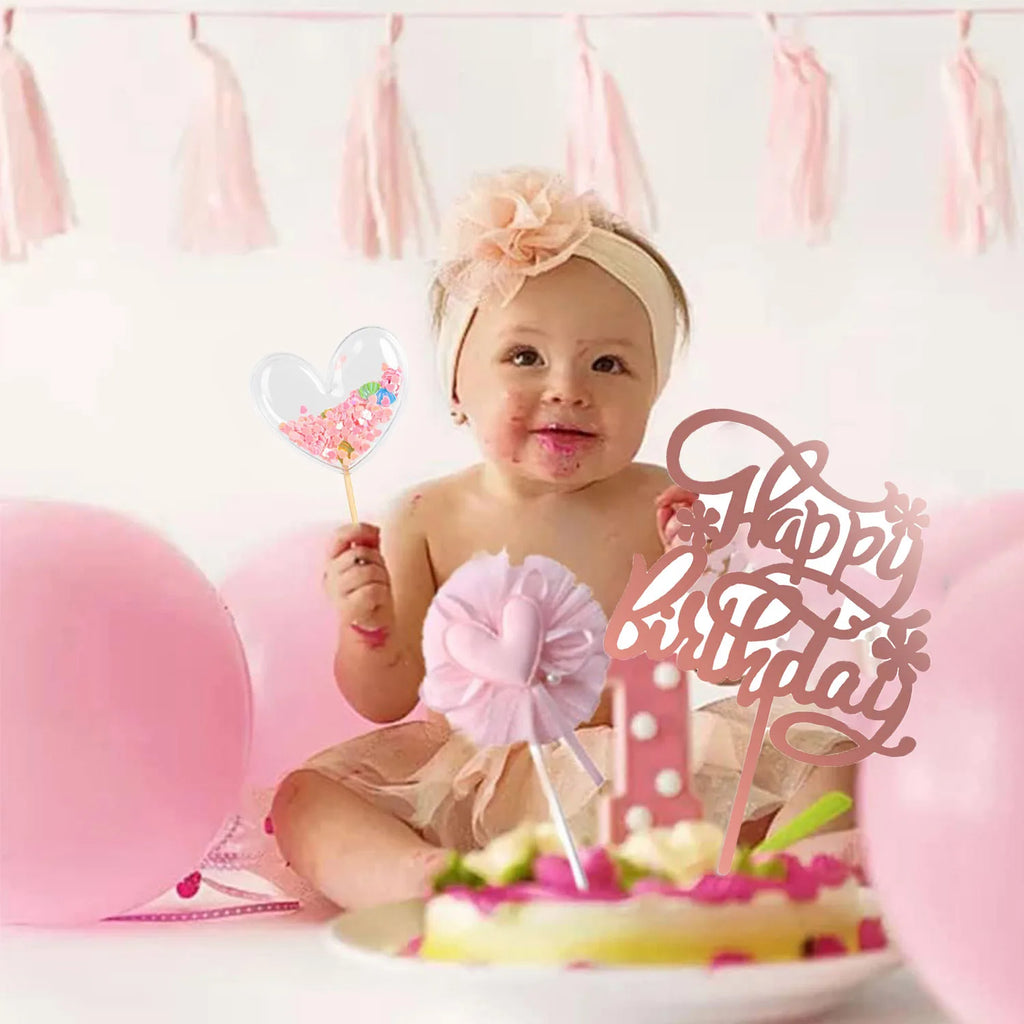 PinkHeart Happy Birthday Cake Topper  Birthday Cake Topper Lovely Heart Cupcake Toppers Picks Pink Cake Decorations for Birthday
