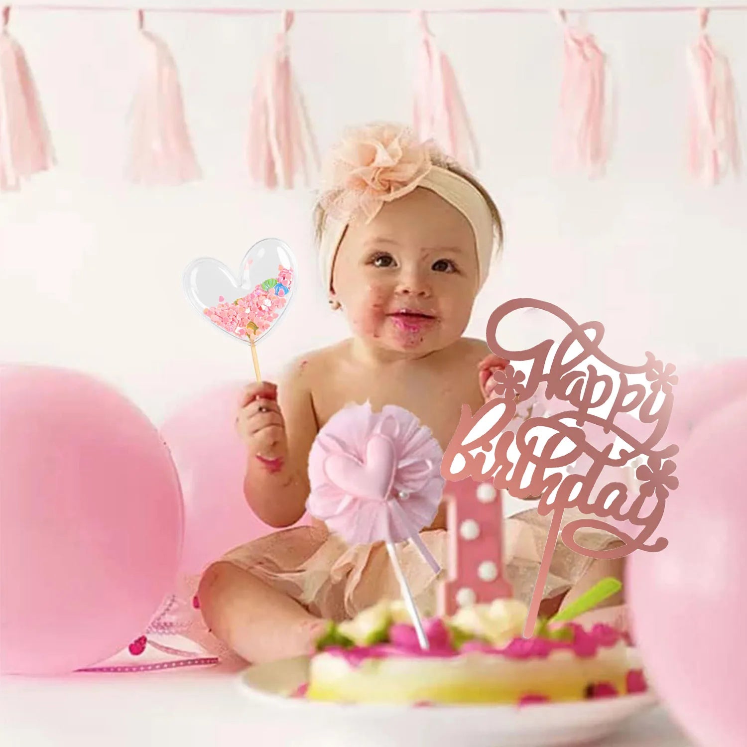 PinkHeart Happy Birthday Cake Topper  Birthday Cake Topper Lovely Heart Cupcake Toppers Picks Pink Cake Decorations for Birthday